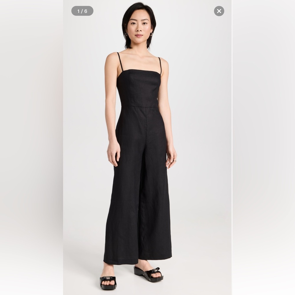 Reformation Overland Linen Jumpsuit in Black Size 10 Wide Leg Spaghetti Strap